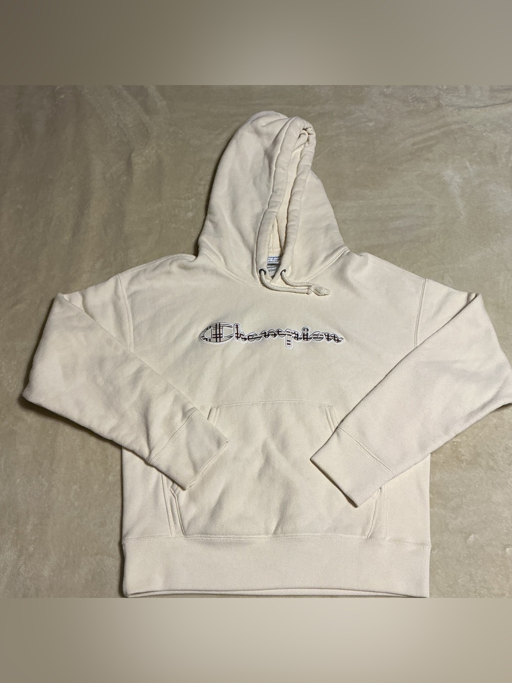 Champion Cream Crewneck Pullover Hoodie with Script Logo